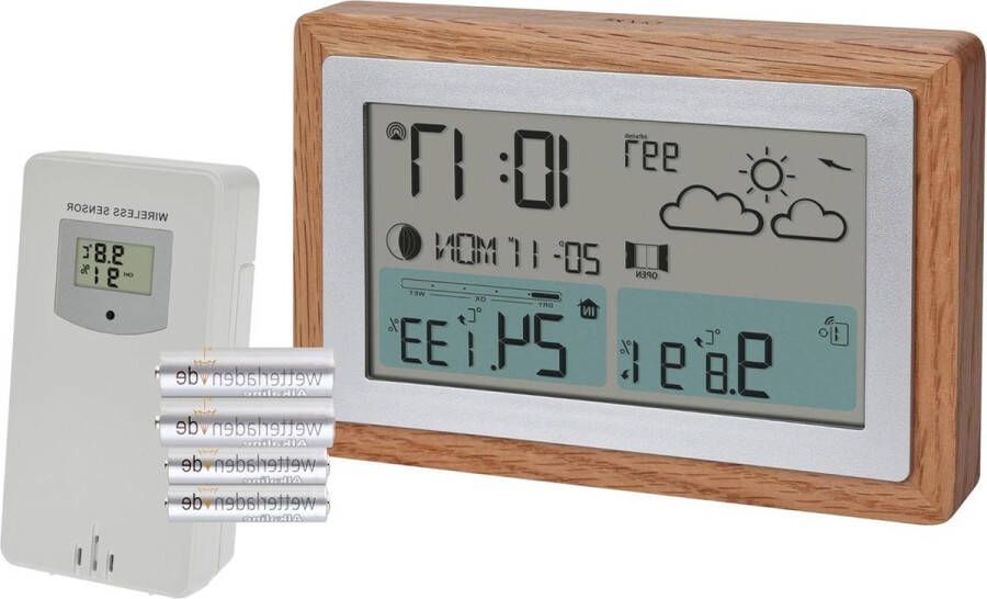Weerstation met buitensensor OAK 35.1167 weersvoorspelling houten frame binnen- en buitentemperatuur ventilatie-aanbeveling radioklok wekker digitaal