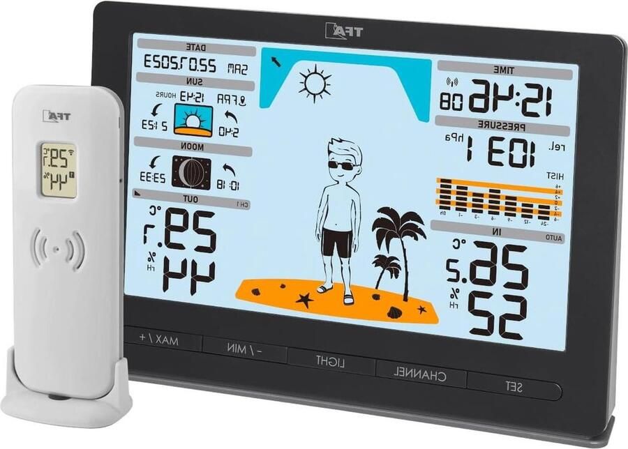 Weerstation METEO JACK 35.1097.01 draadloos buitenzender luchtdruk maanfase zonsopgang zonsondergang klok weekdag zwart