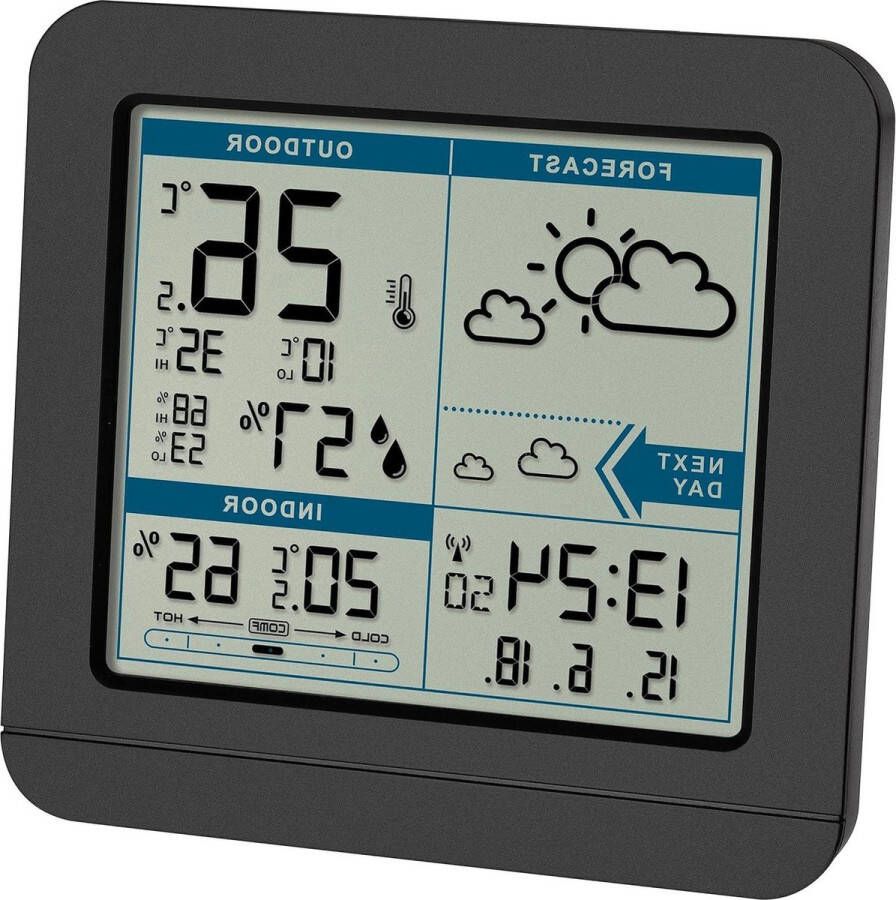 Weerstation radiografisch met buitensensor weersverwachting temperatuur en luchtvochtigheid buiten en binnen zwart- draadloos 123 x 52 x 117 mm