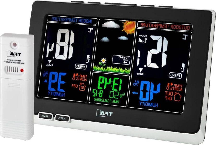 Weerstation SPRING 35.1129.01 draadloos weerstation voor binnen en buitenweer voorspelling binnentemperatuur en luchtvochtigheid buitentemperatuur max-min-waarden radiografiche klok met achtergrondverlichting zwart