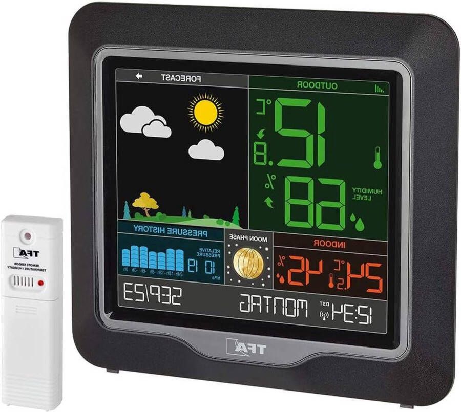 Weerstation temperatuur luchtvochtigheid binnen buiten luchtdruk klok zwart 175x32x165 mm Draadloos