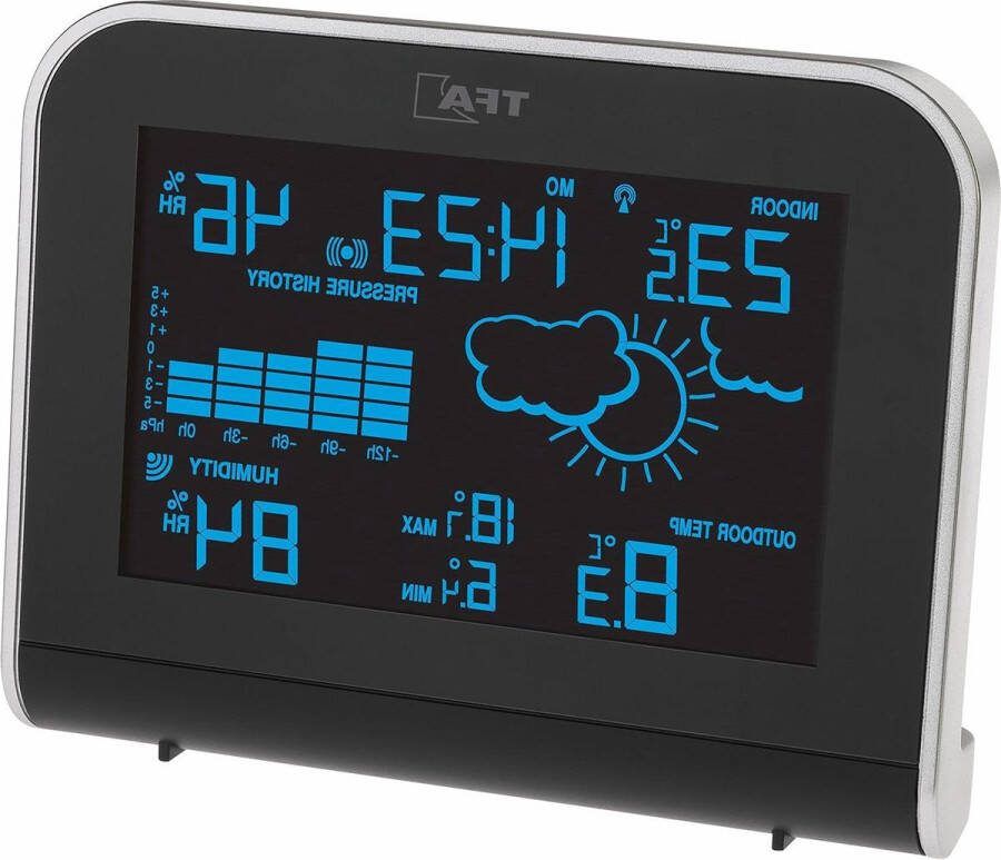 Weerstation temperatuur luchtvochtigheid binnen buiten min max weersverwachting tijd alarm kleurendisplay zwart