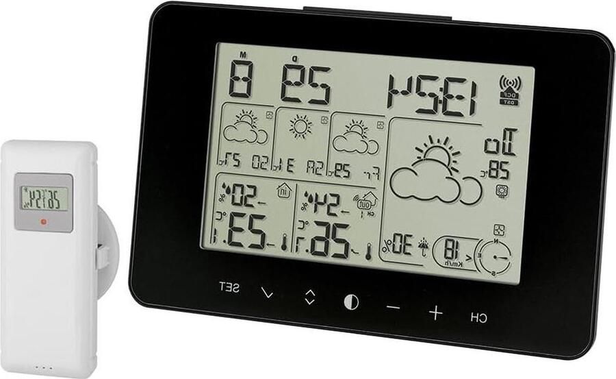 Weerstation voor 90 weerregio's in Europa met kans op regen en windsnelheid Zwart