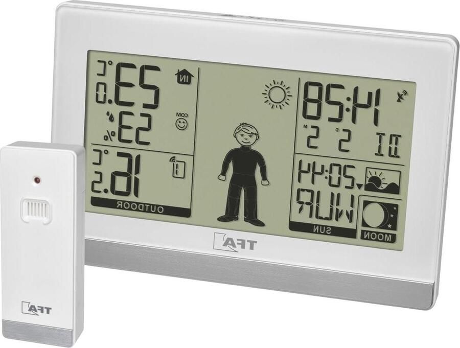 Weerstation voor woonklimaatcontrole binnen- en zendergestuurde buitentemperatuur klok met alarm zonsopgang en ondergang & maanstand wit (L)145x(B)39x(H)97mm