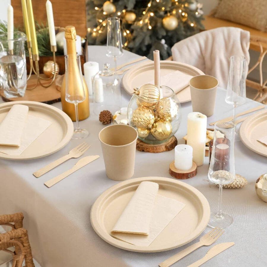Wegwerp 100% bamboepulp 10 inch borden bestek papieren servetten kopjes feestset voor 25 gasten biologisch afbreekbaar eco-servies