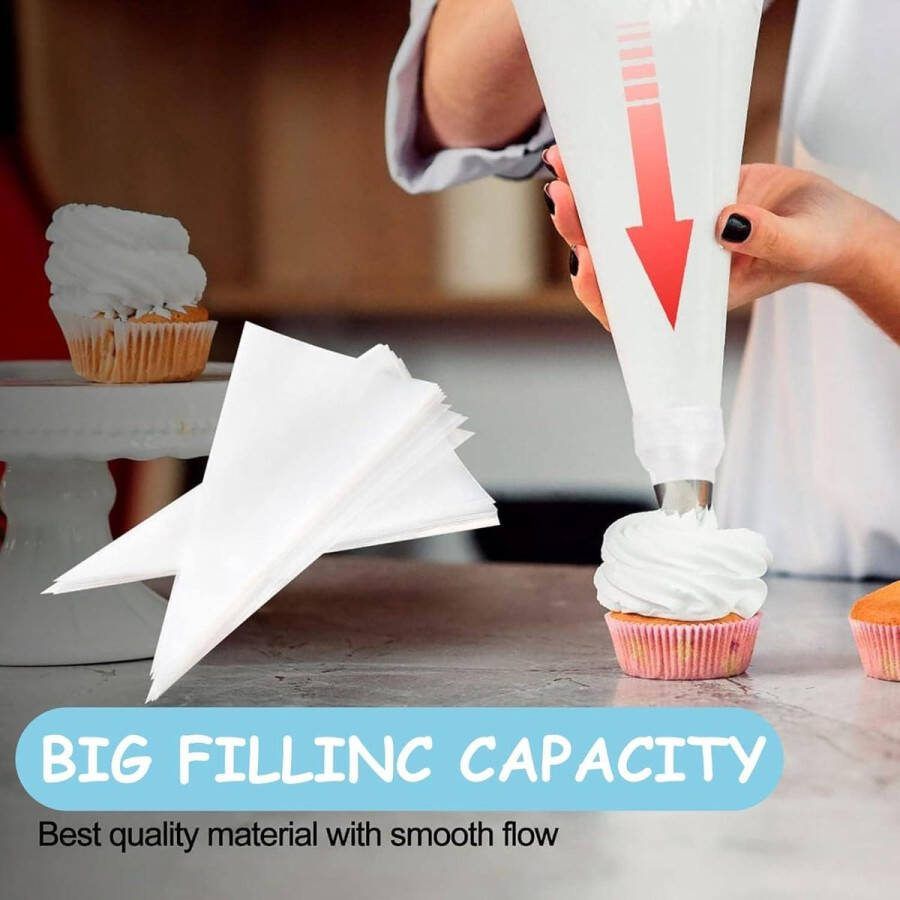 Wegwerp spuitzak set premium 100 stuks piping bags + 11 spuitmonden + 6 siliconen ringen + 1 standaard converter en reinigingsborstel voor cake taarten koekjes spuitzakken wegwerp