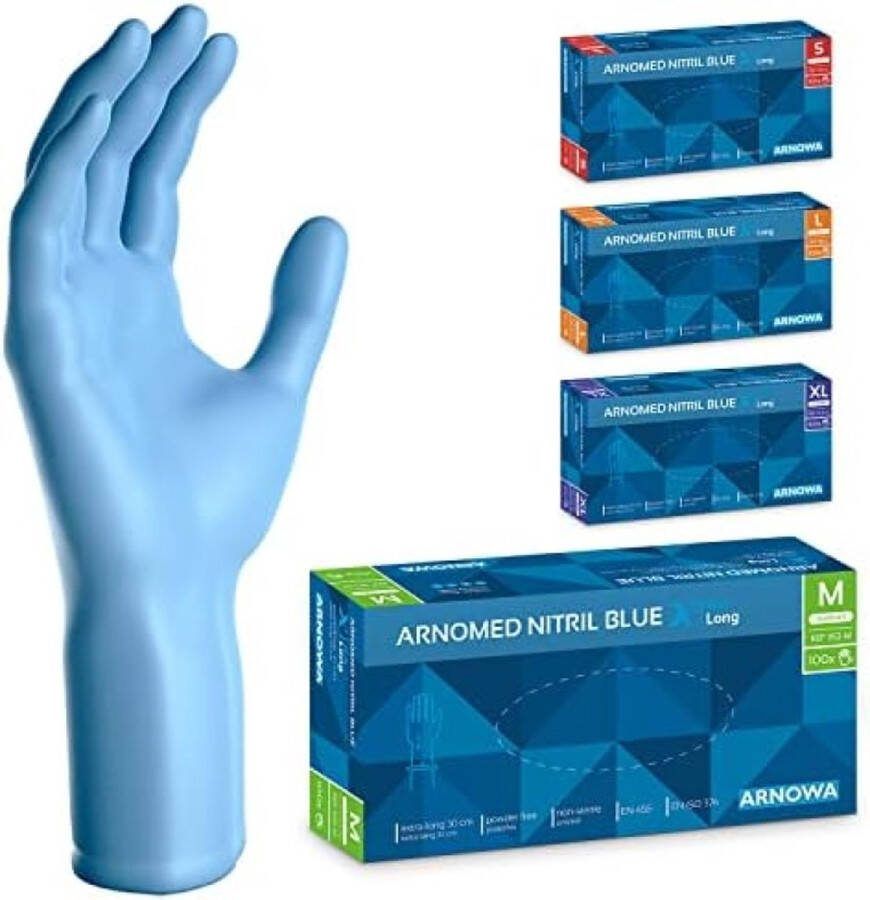 Wegwerphandschoenen geel extra lang 30cm in M nitril handschoenen extra dik 100 stuks per doos