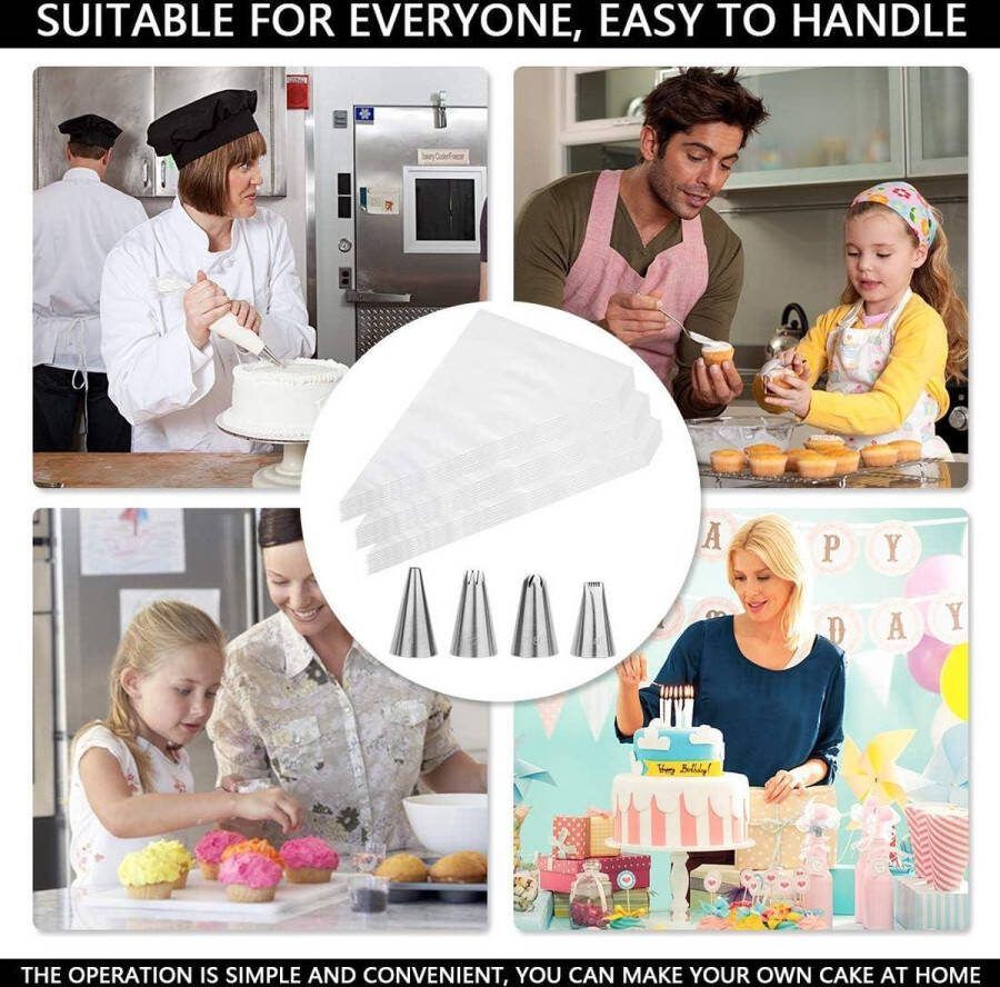 Wegwerpspuitzakken 100 stuks extra dik met 4 roestvrijstalen spuitmonden voor fondant taarten en cupcakes wit spuitzakken wegwerp