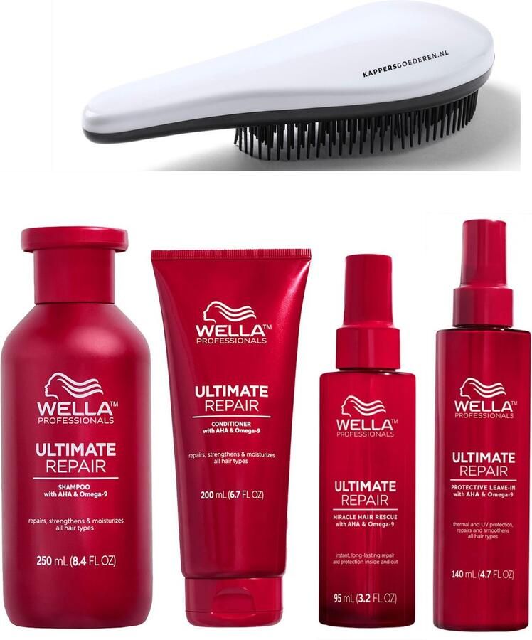 Wella Professionals Ultimate Repair Set Shampoo + Conditioner + Miracle Hair Rescue + Protective Leave-In + KG Ontwarborstel Ultiem Herstellend In 90 Seconden