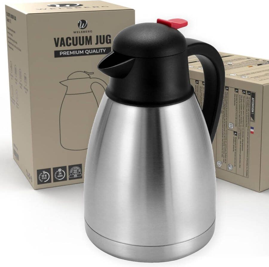 Welsberg Thermos Flask 1.0 L Stainless Steel Double-Walled Vacuum Insulation Coffee Pot Teapot Break and Leak-Proof BPA-Free Insulated Jug with Quick Tip Closure 24 Hours Hot and 24 Hours Cold Silver