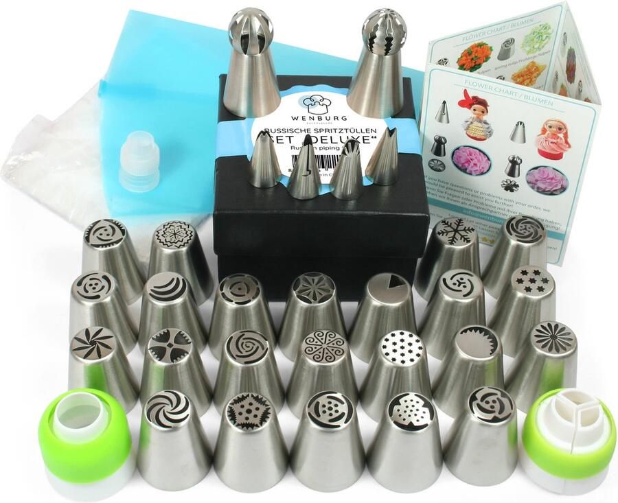 Wenburg spuitmondset 29-delig spuitzakken met professionele spuitmonden bakset met veelzijdige accessoires voor taartdecoratie inclusief e-book (Deluxe)