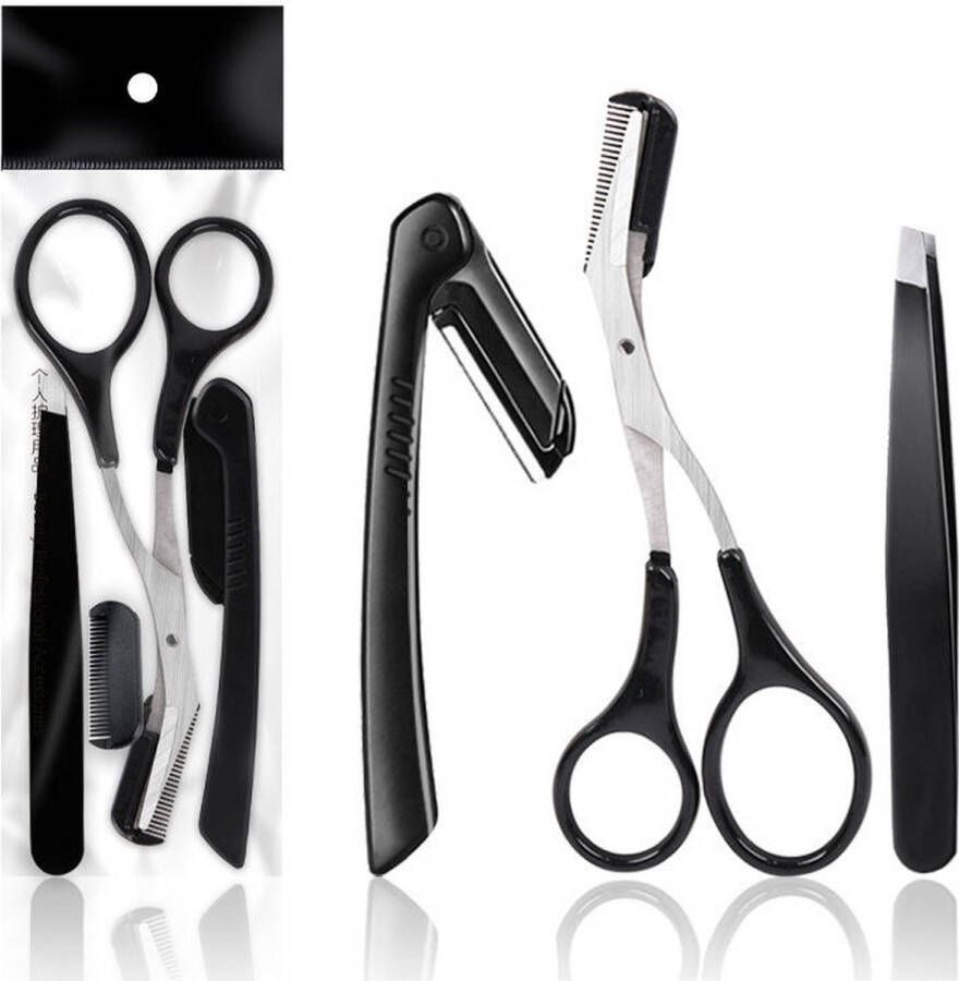 Wenkbrauwpincetset 3 delige Professionele Roestvrijstalen Wenkbrauwset Grooming Wenkbrauw Trimmer Set Kleine Schaar Wenkbrauwscheermes pincet Unisex Zwart