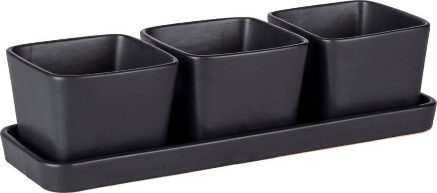 WENKO Set snackschaaltjes 4 stuks klein dienblad met 3 × 300 ml kommetjes van hoogwaardige keramiek Black Outdoor Kitchen-accessoire ideaal voor tapas snacks & fingerfood 30 × 10 × 8 cm zwart