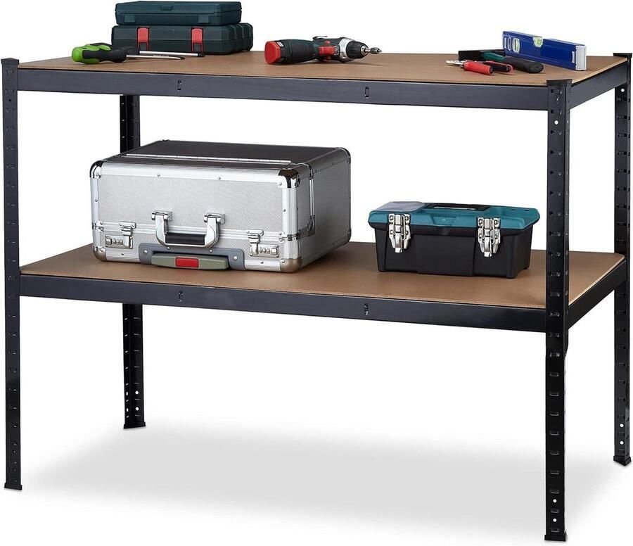 Werkbank met 2 etages verstelbaar Werktafel draaglast 150 kg MDF en staal HBD 90x120x60 cm Zwart werktafel met deksel