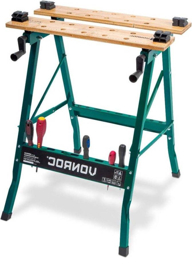 Werkbank met Bamboe Werkblad Metalen Constructie Opvouwbaar en Anti-slip 150kg Belastbaarheid werktafel met deksel