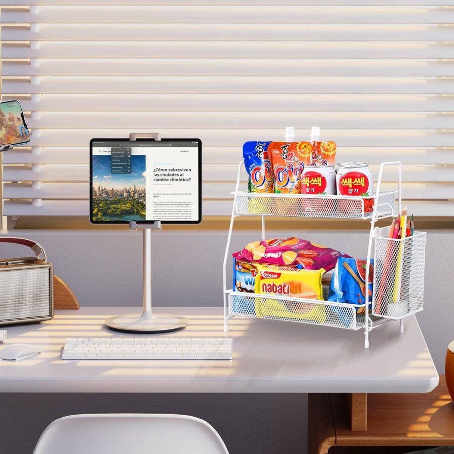 Werkblad Organisator Badkamer Teller Organisator Slaapkamer Kruidenrek Keuken Aanrecht Plank Met Kleine Mand (Wit)