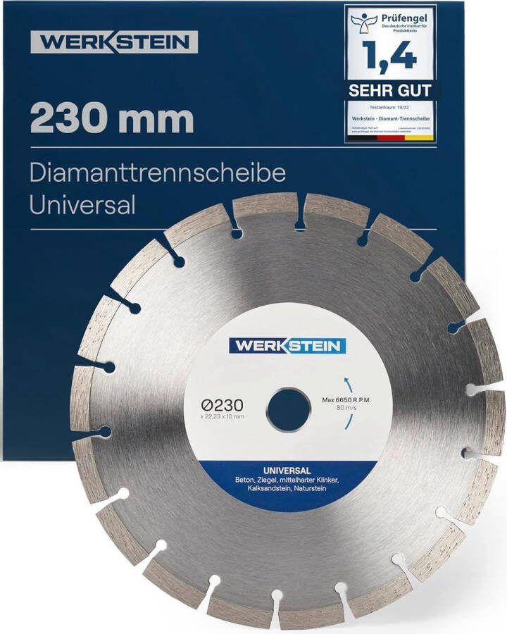 WERKSTEIN Universele diamantschijf 230 mm x 22 23 mm x 10 mm Premium diamantdoorslijpschijven 230 mm voor het doorslijpen van bouwmaterialen zoals steen beton baksteen en nog veel meer. Doorslijpschijf voor haakse slijpmachines