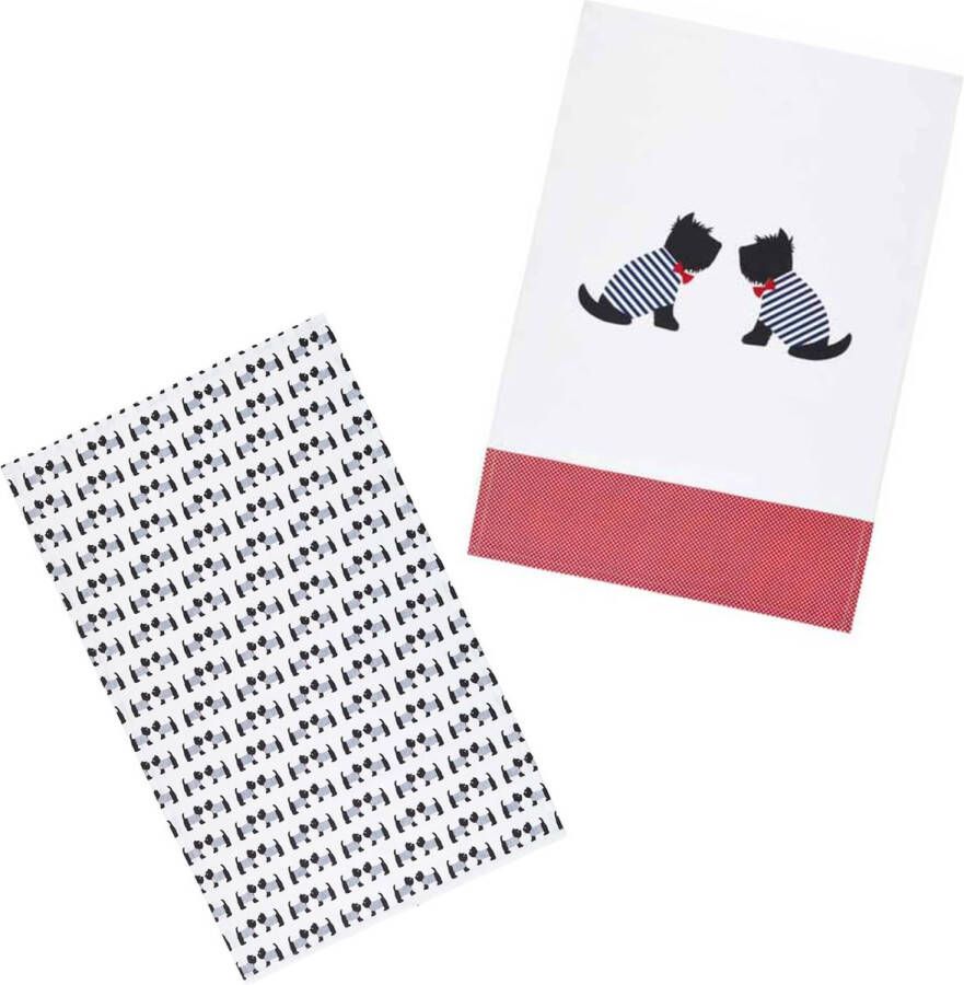 Westie' 100% Katoen Bedrukte Honden Theedoeken 70 x 47 cm Rood Wit Zwart (Set van 2) Merk: KitchenCraft
