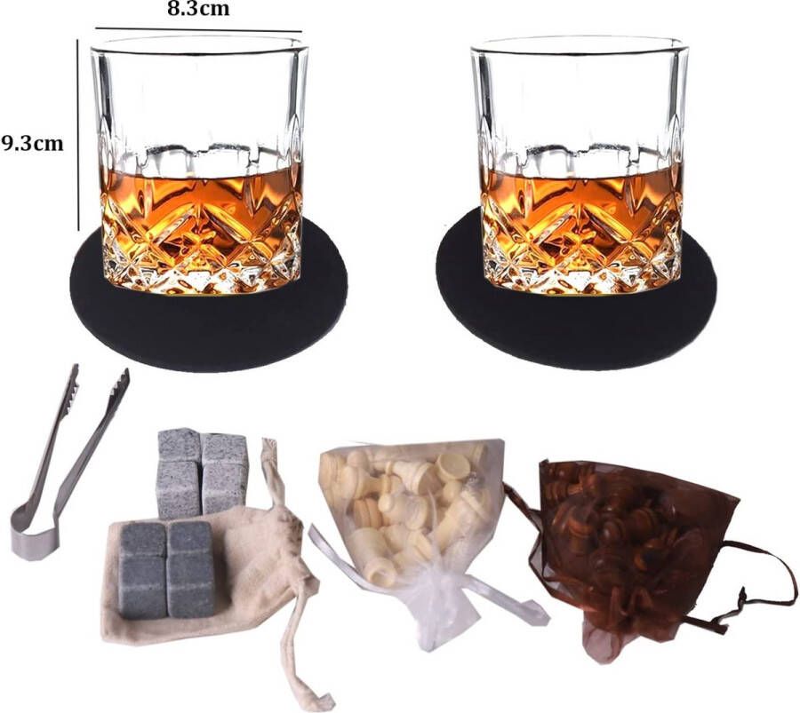 Whiskey-cadeauset voor heren 8 whiskystenen met 2 whiskyglazen whiskyglas ijstang met houten schaakgeschenkdoos kerst- valentijnsdag- vaderdagcadeau (stijl 01)