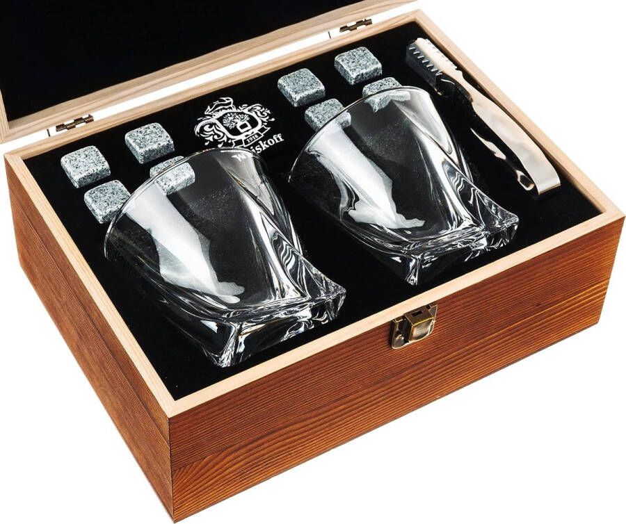 Whiskey glas set van 2 Bourbon whiskey cadeauset Scotch stenen pincet onderzetter chillingstenen en barglazen drinkglazen voor mannen en vrouwen whiskyglaswerk in houten geschenkdoos