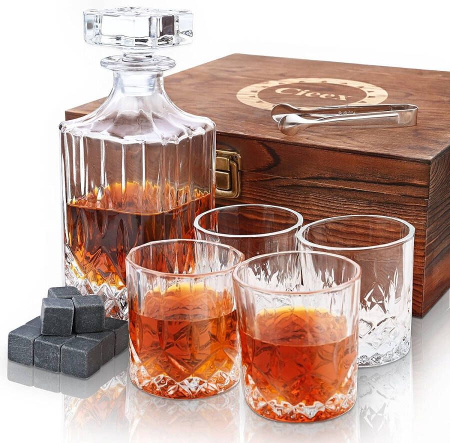 Whiskey Karaf Set Whiskey Set 750 ml Whisky Karaf met 4 x 20 ml Whiskey Glazen 12 Whisky Stenen Mooie Geschenkdoos Whiskey Geschenken Vaderdagcadeau voor Mannen