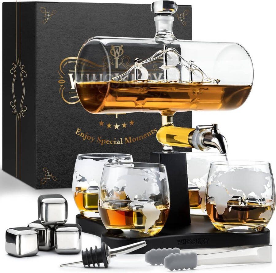 Whiskey Karaf Set Zeilschip 1L Decanteerkaraf Geschenk voor Mannen Incl. 4 Whisky Stones Schenktuit Tap & 4 Glazen