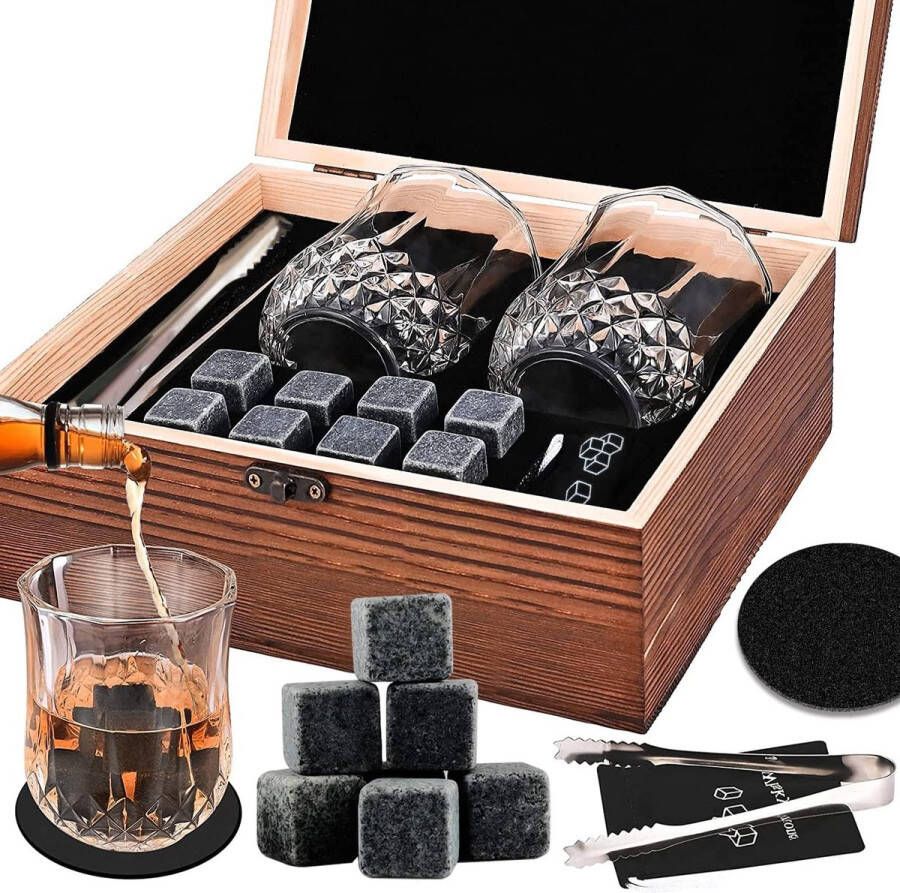 Whiskey Stones and Glass Gift Set for Men 8 Granite Whiskey Stones + 2 Crystal Whiskey Glasses and Velvet Pouch Father's Day Christmas Birthday Gift for Dad or Boyfriend