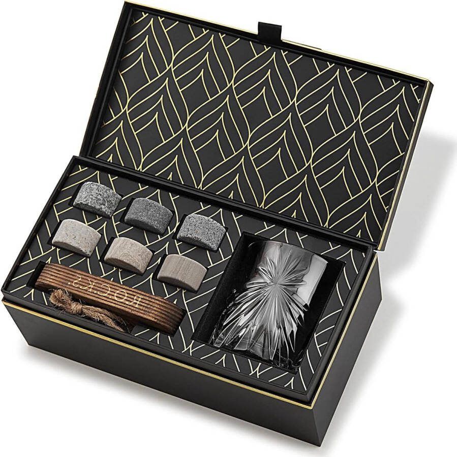 Whiskey Stones Eco-Crystal Glass Gift Set Handgemaakte Graniet Ronde Nipping Rocks Europees Vervaardigde Soleil Whiskey Tumbler (315ml) Hardhout Presentatie Tray Gouden Folie Doos Luxe Whiskey Accessoires