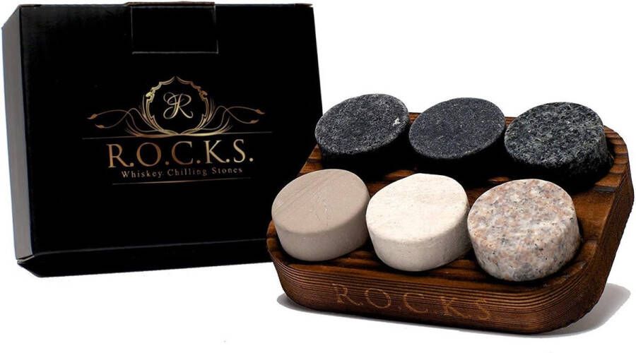 Whiskey Stones Gift Set 6 Handmade Premium Granite Stones Presentation & Storage Bowl Made of Hardwood R.O.C.K.S