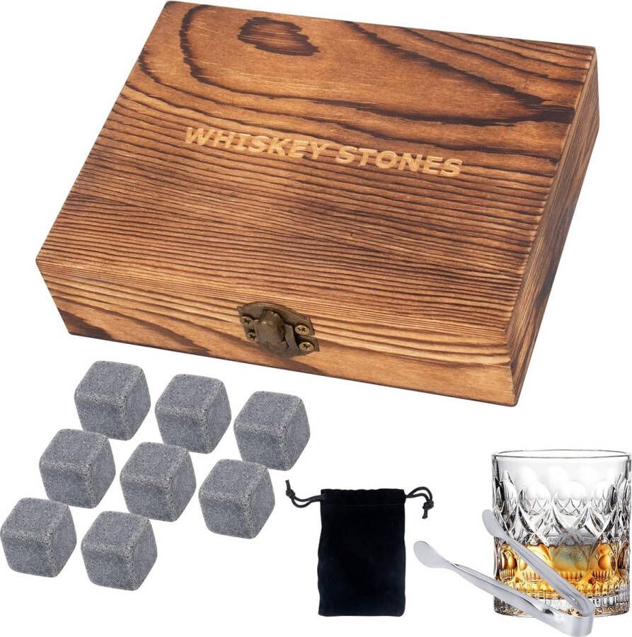 Whisky accessoireset ijsblokjes herbruikbaar van basalt whisky cadeauset whiskystenen set met fluwelen zakje hoogwaardige houten doos en roestvrij stalen tang voor mannen whisky wodka gin