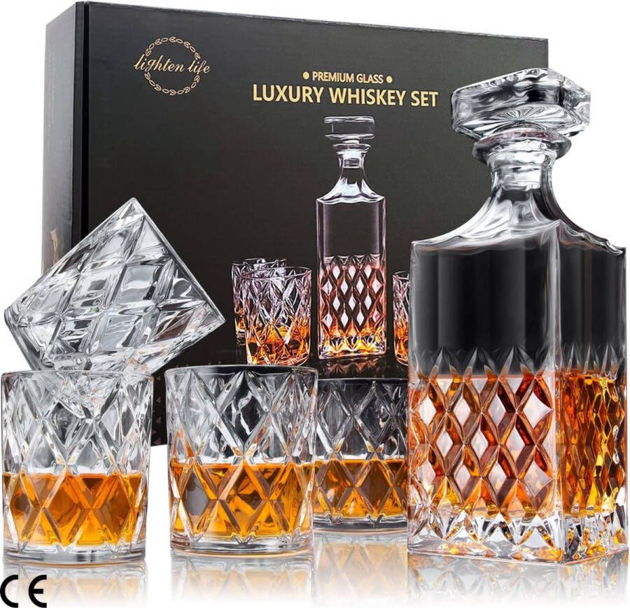 Whisky Decanter Set 849ml Kristallen Whisky Karaf met 4 Glazen in Luxe Geschenkdoos Loodvrije Premium Bourbon Decanter en Glazen Set Perfecte Whisky Karaf en Glas Set voor Mannen
