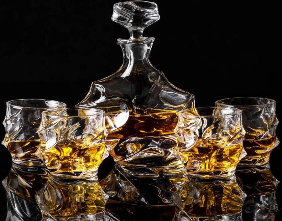 Whisky Glazen en Karaf Set Kristallen Whisky Decanter 750 ml met 4 Whiskyglas 320 ml voor Cognac Wodka Whisky Scotch Martini Cocktails Set van 5 Stuks Mooie Geschenkdoos