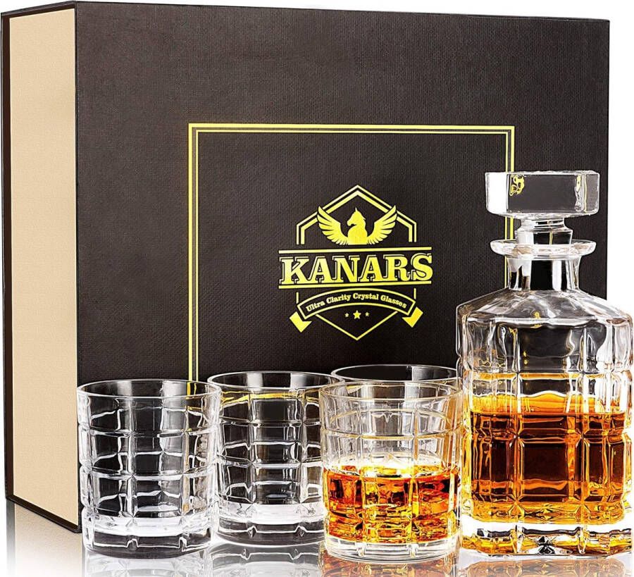 Whisky Karaf en Glazen Set Een Kristallen Whisky Decanter van 800 ml met 4 Whiskyglazen van 300 ml Geschikt voor Cognac Whisky Scotch Wodka Martini Cocktails Elegante Geschenkdoos Set van 5 Stuks