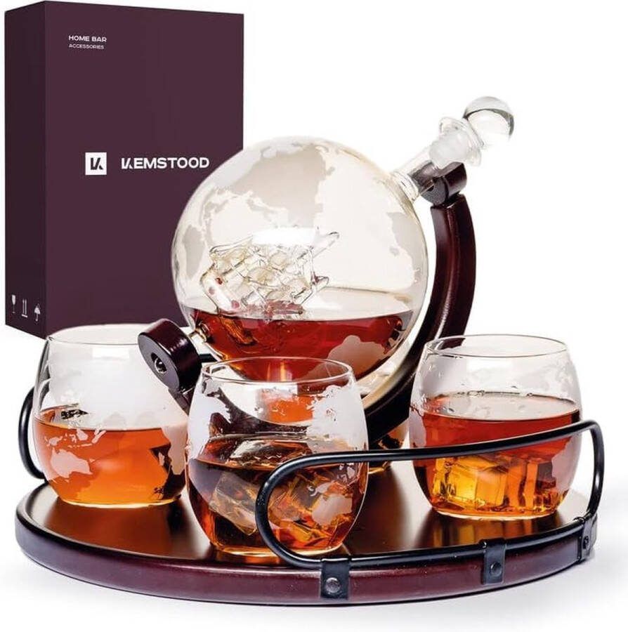 Whisky karaf en glazen set Geëtste Whisky Globe Karaf voor Drank Bourbon Wodka met 4 Glazen Whisky Geschenksets voor Mannen