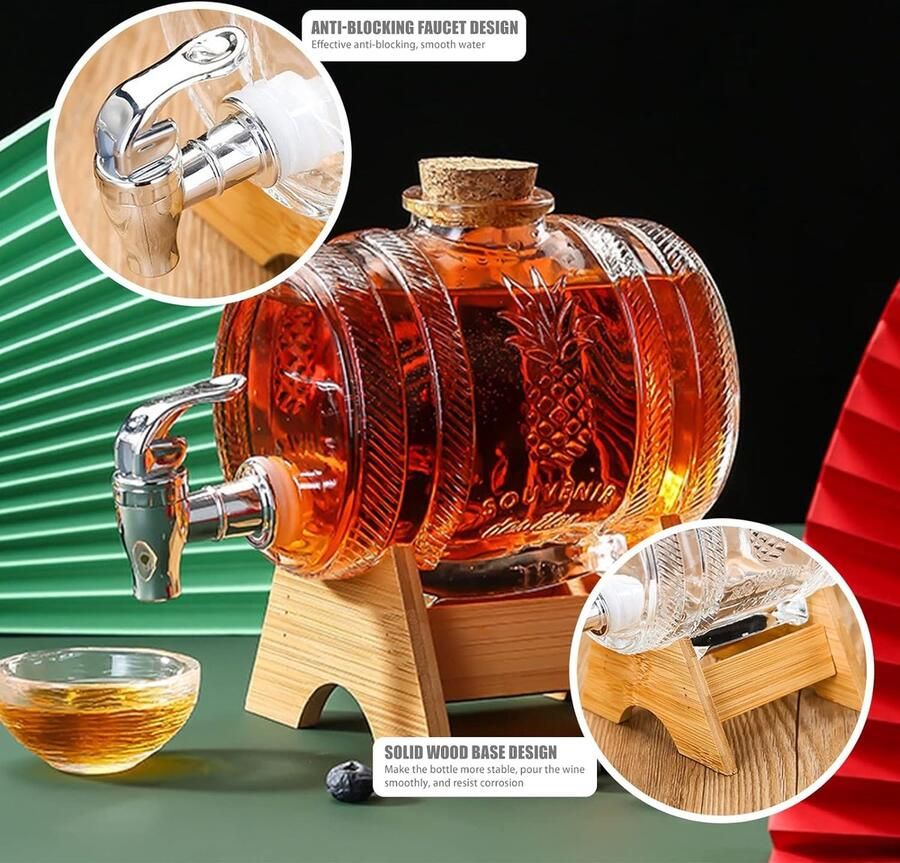 Whisky karaf met houten standaard 1000ml drankdispenser voor wijn glazen wijnvat met kraan voor Scotch Bourbon wodka rum en likeur partij drank geschenken voor vriend echtgenoot vader