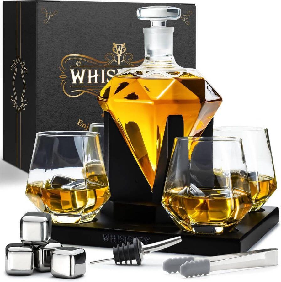Whisky lux Luxe Whiskey Karaf Set Diamant 1000 ml – Decanter karaf Geschenk voor Mannen Incl. 4 Whisky Stones Schenktuit en 4 Glazen