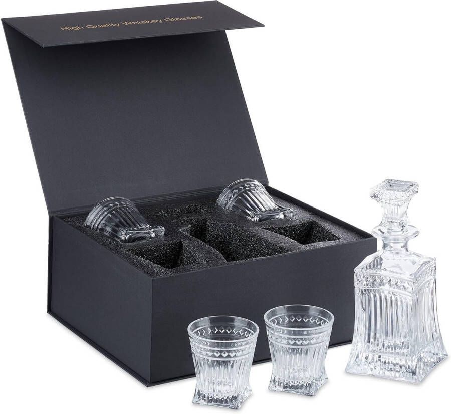 Whisky lux whiskey set 5-delig 4 whiskeyglazen van 240 ml karaf van 500 ml met geschenkdoos met reliëf transparant
