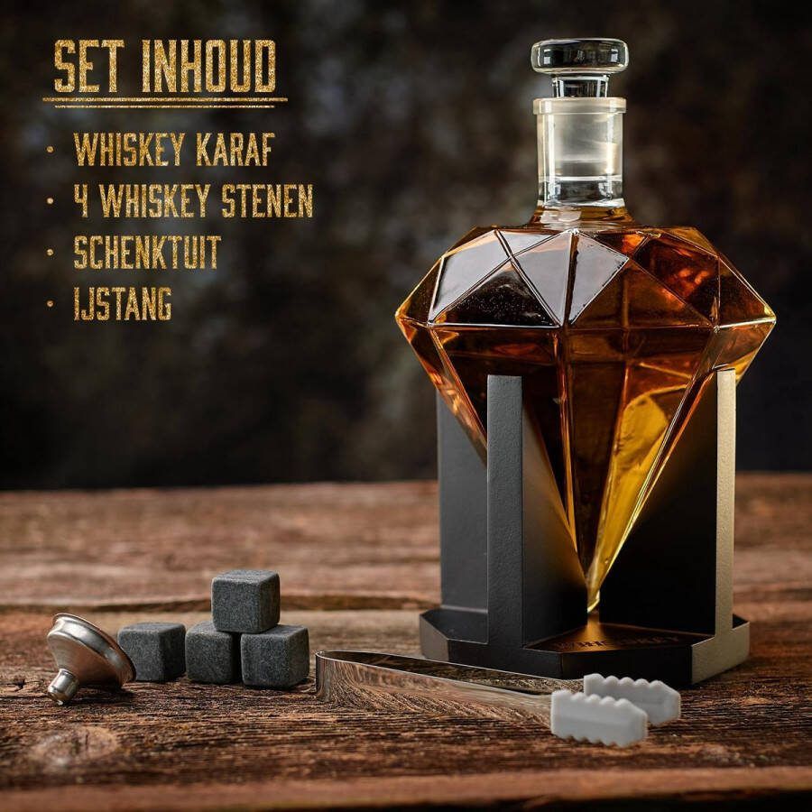 Whisky lux Whisky Karaf Set – 900 ml – Diamant – Whiskey Decanter Geschenk voor Mannen 4 Whiskey Stenen Schenktuit
