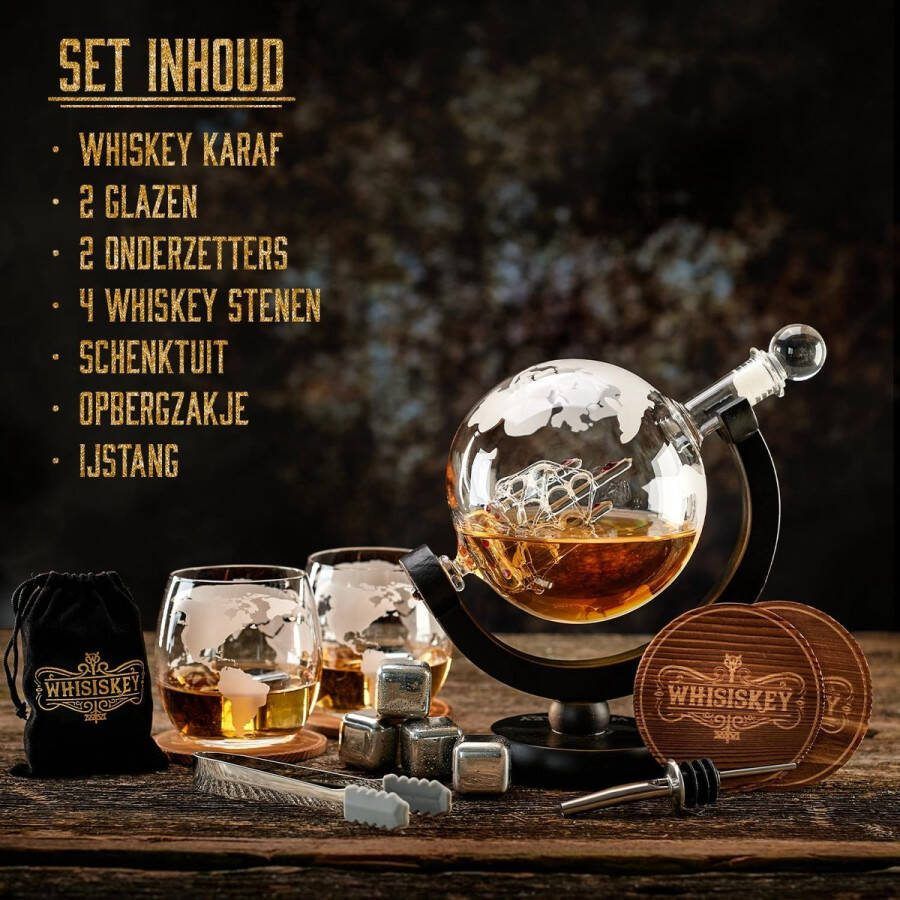 Whisky lux Whisky Karaf Set – 900 ml – Wereldbol – Whiskey Decanter Geschenk voor Mannen 4 Whiskey Stenen