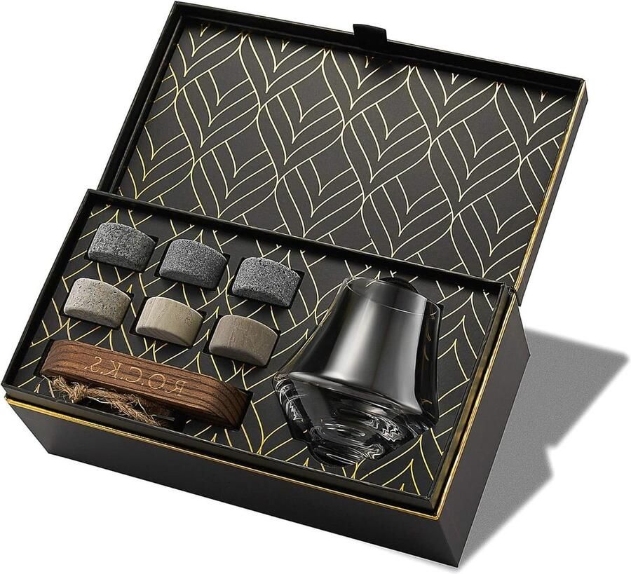 Whisky Stones Nosing Glass Gift Set Handgemaakte Graniet Ronde Nipping Rocks Kristallen Tumbler voor Whisky Scotch Bourbon Presentatie Tray Gold Foil Box van ROCKS