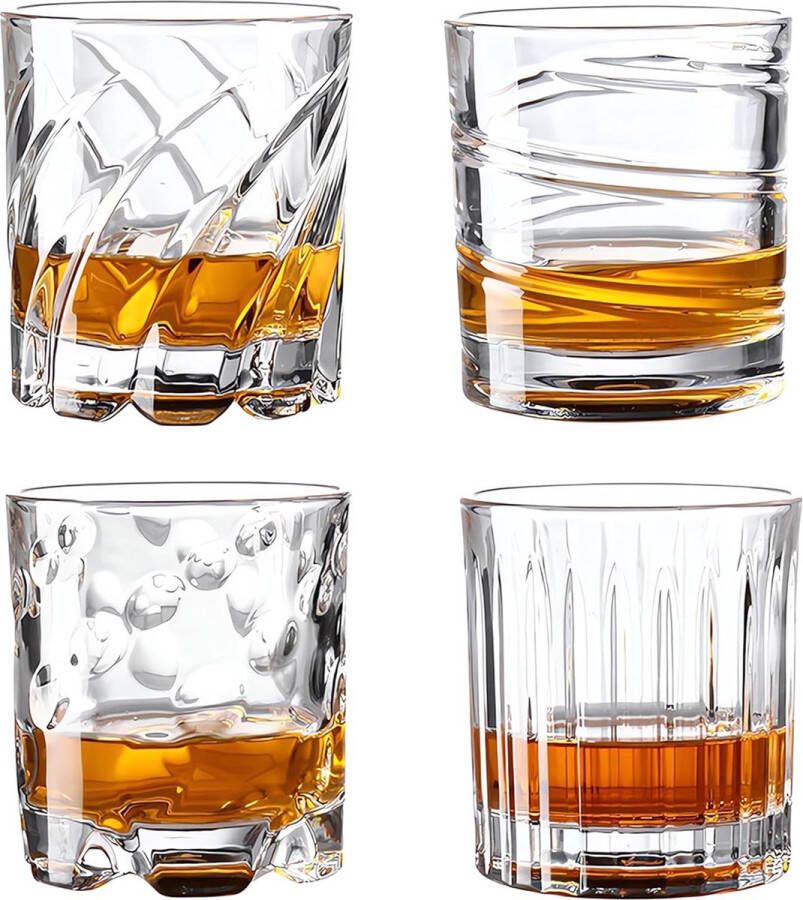 Whiskyglazen 250 ml set van 4 gepersonaliseerde whiskyglazen met geschenkdoos draaibaar oud gefashioneerd glas met 4 patronen unieke cadeaus voor mannen en vrouwen