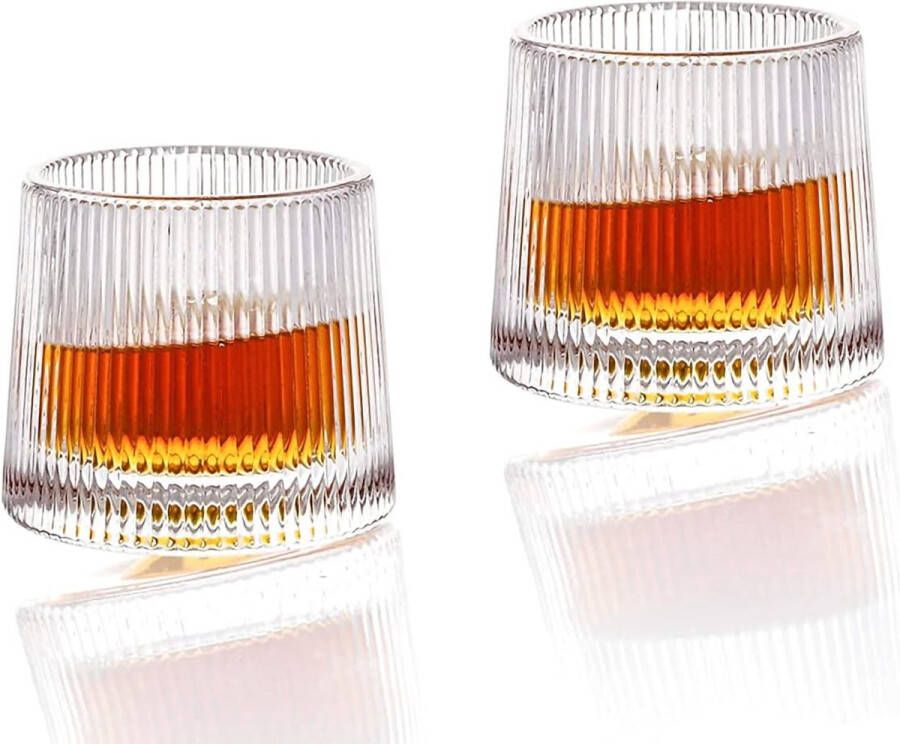 Whiskyglazen Draaibare Decompressie Old Fashion Whiskyglazen Set van 2 Bar Whiskyglazen Stijlglaswerk voor Bourbon Glazen voor Scotch Rumglazen (verticale textuur 255ml)