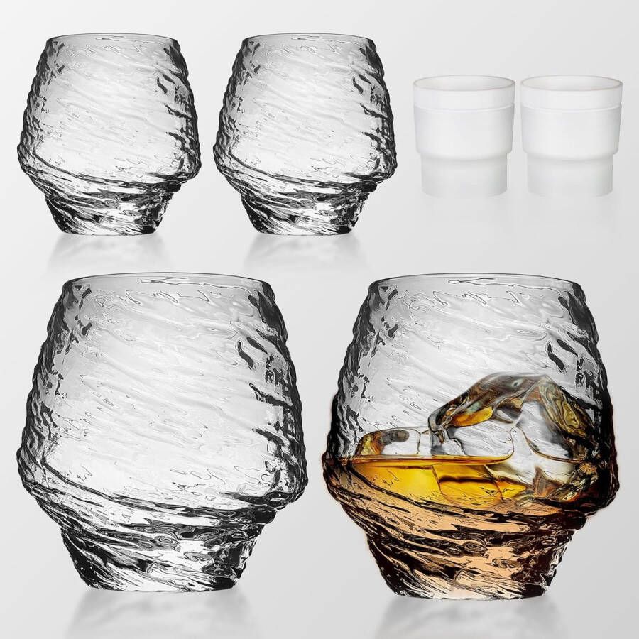 Whiskyglazen set van 2 met 2 ijsvormen Cocktailglazen Tequilaglazen Whiskyglazen set voor Whiskey Bourbon Schotse Whisky Tumbler voor Bar Accessoires Thuisbar Feestcadeau (350 ml 12 oz)