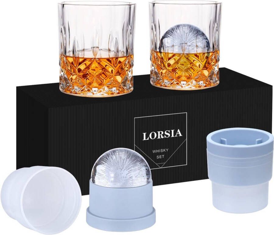 Whiskyglazen set van 4 (2 kristallen glazen 2 grote ijsbalmallen) in cadeauverpakking 300 ml whiskyglazen voor Schotse whisky cocktails rum bourbon cognac wodka en likeur Unieke cadeaus voor mannen