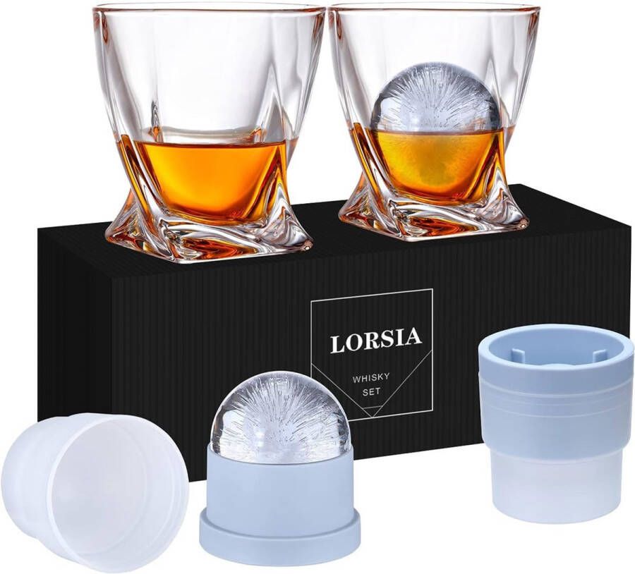 Whiskyglazen set van 4 (2 kristallen glazen 2 grote ijsbalvormen) in geschenkverpakking 320 ml whiskyglazen voor whisky cocktail rum bourbon cognac wodka en likeur unieke cadeaus voor mannen