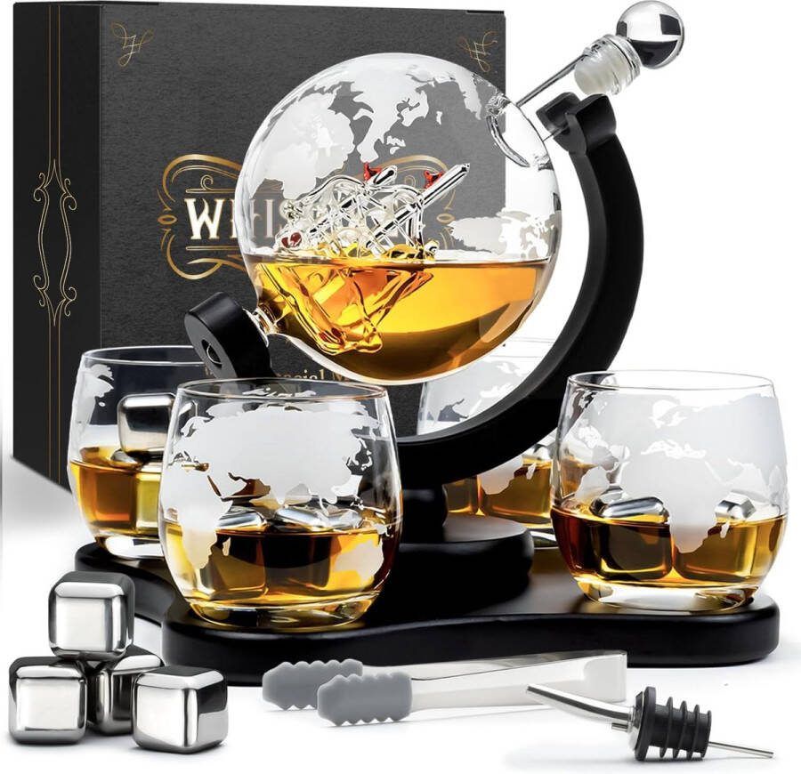 Whiskykaraf Wereldbol Karaf Whiskyset 900 ml Gifts for men Including 4 whisky stones pourers and 4 whisky glasses