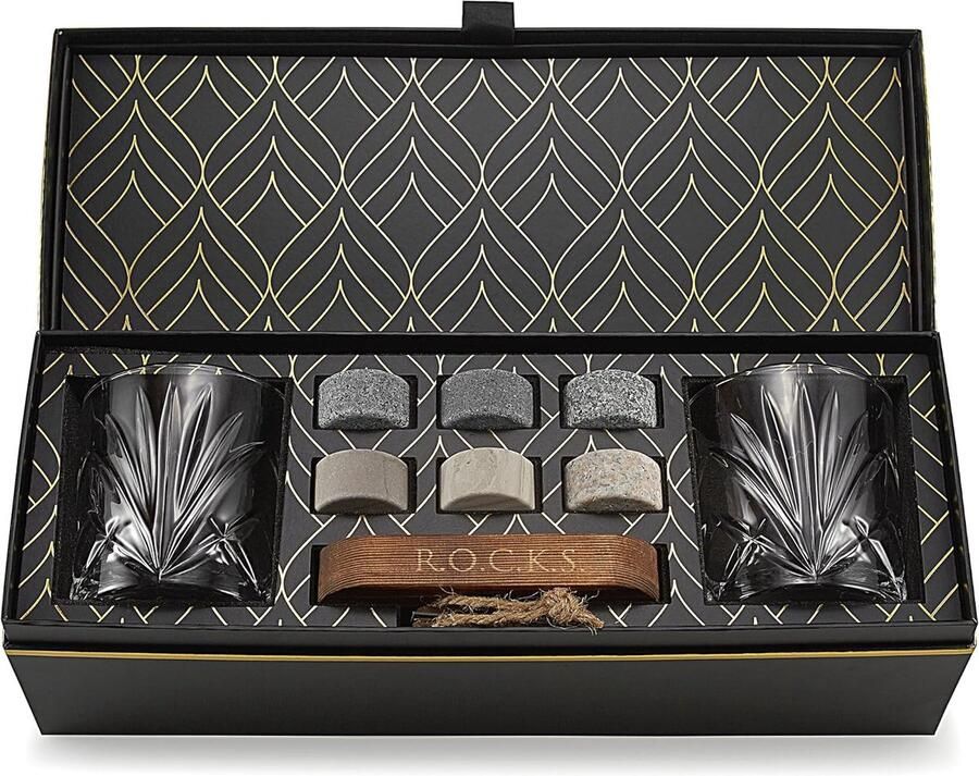 Whiskystenen set 6 handgemaakte ronde granieten whiskystenen 2 whiskyglazen Hardhouten presentatie- en opbergbord Whiskygeschenkset met goudfolie