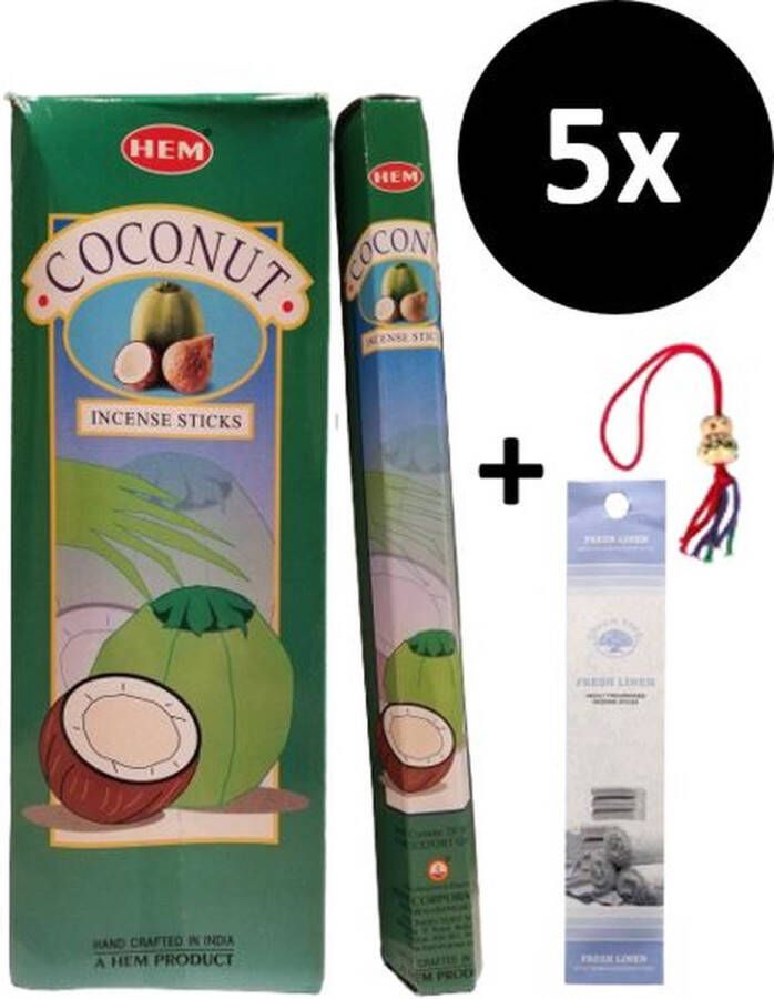 Wierook Wierookstokjes 5 Kokers 100 Stokjes + 5 Mini Stokjes En 1 Gelukspoppetje Geur Kokosnoot Coconut