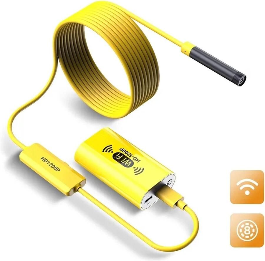 WiFi Endoscoopcamera 8MM HD1200P IP67 Waterdicht 5M USB Inspectie Borescope met Verstelbare LED – Geschikt voor Oudere iPhones Android en PC