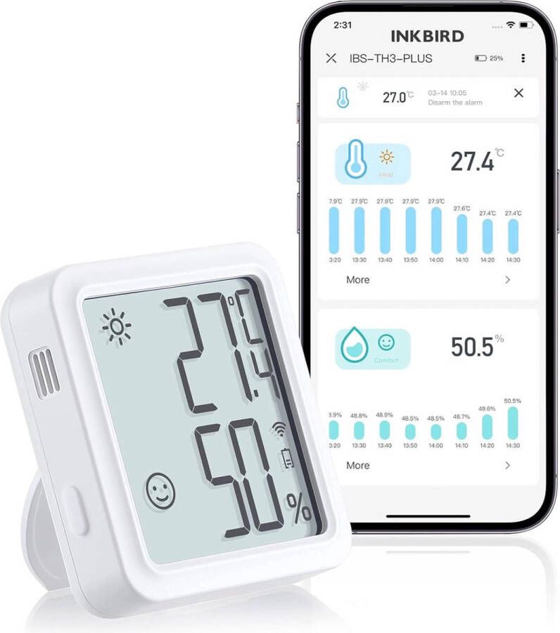 Wifi Thermometer Hygrometer IBS-TH3 Plus Binnentemperatuur Vochtigheidssensor met Oplaadbare Batterij LCD Scherm App Melding Export van Gegevensopslag voor Kas Huis Vivarium